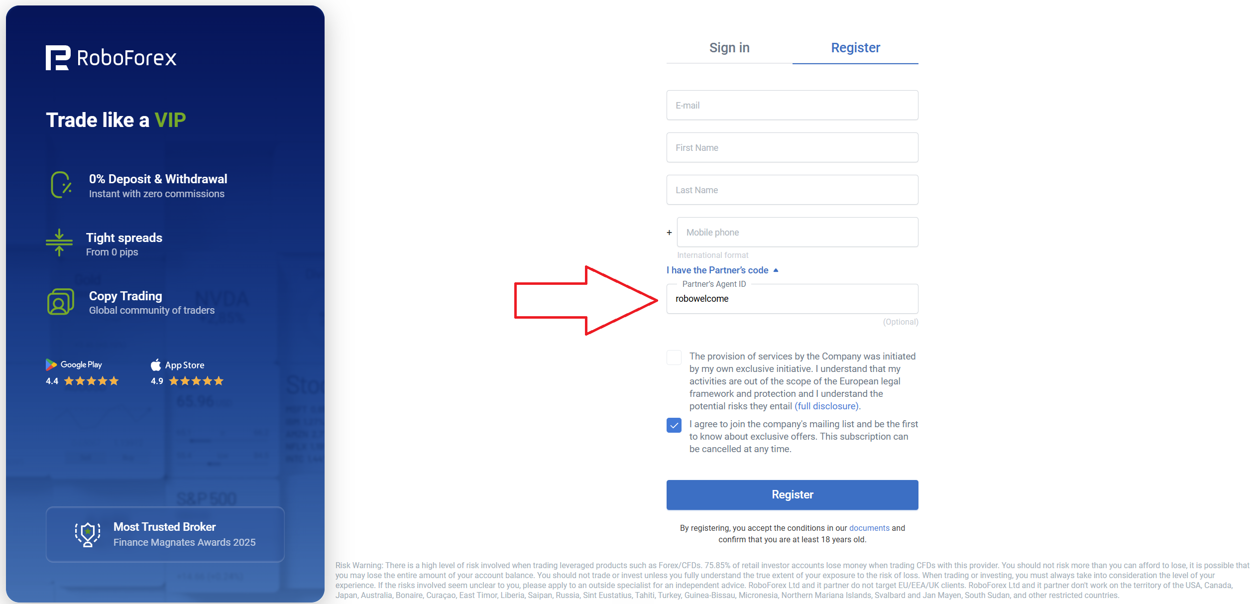 RoboForex registration form showing where to enter the partner code robowelcome