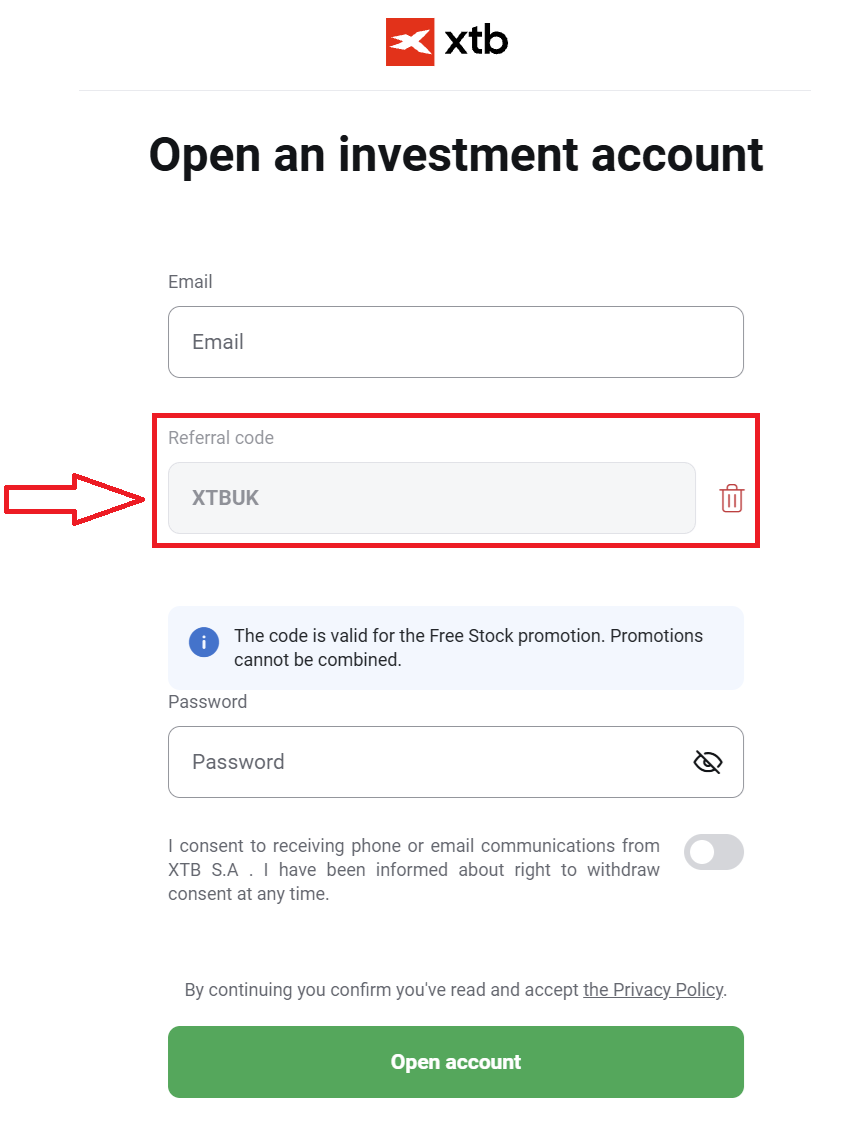 Where to enter the XTB referral code XTBUK during registration