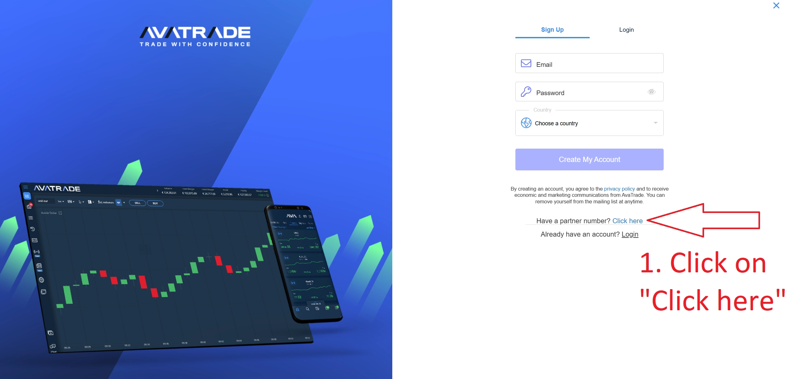 AvaTrade partner code field during registration — step 1