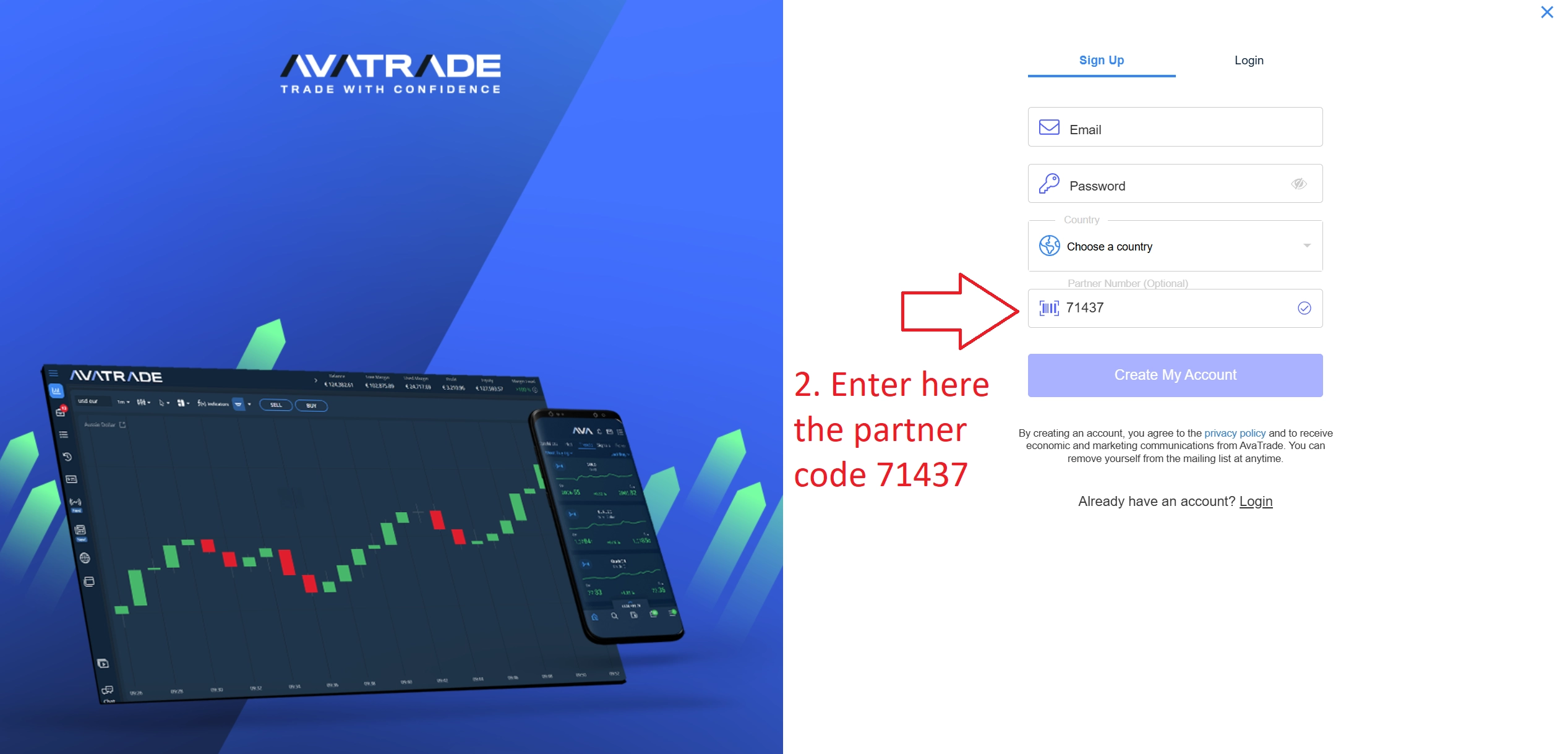 AvaTrade partner code field during registration — step 2