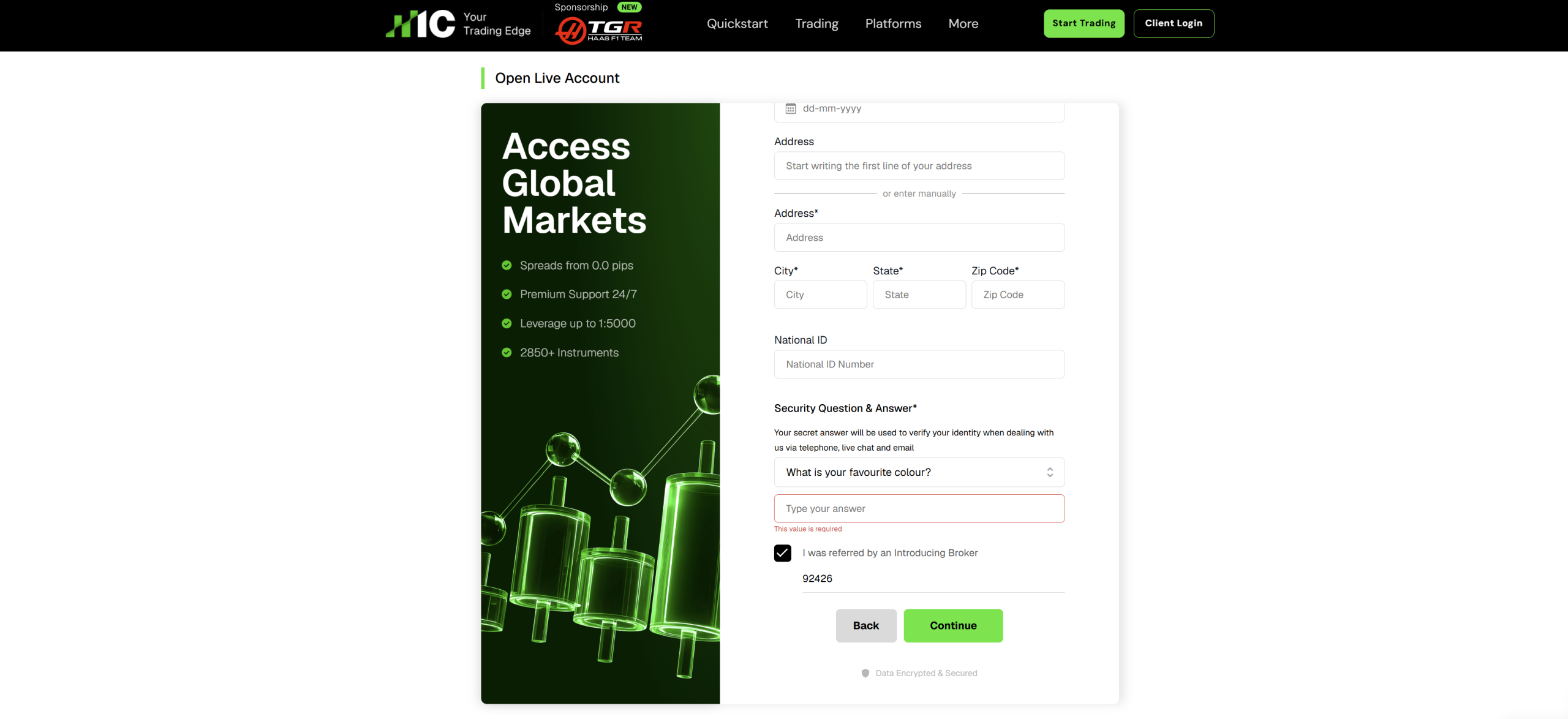 IC Markets referral code field during registration