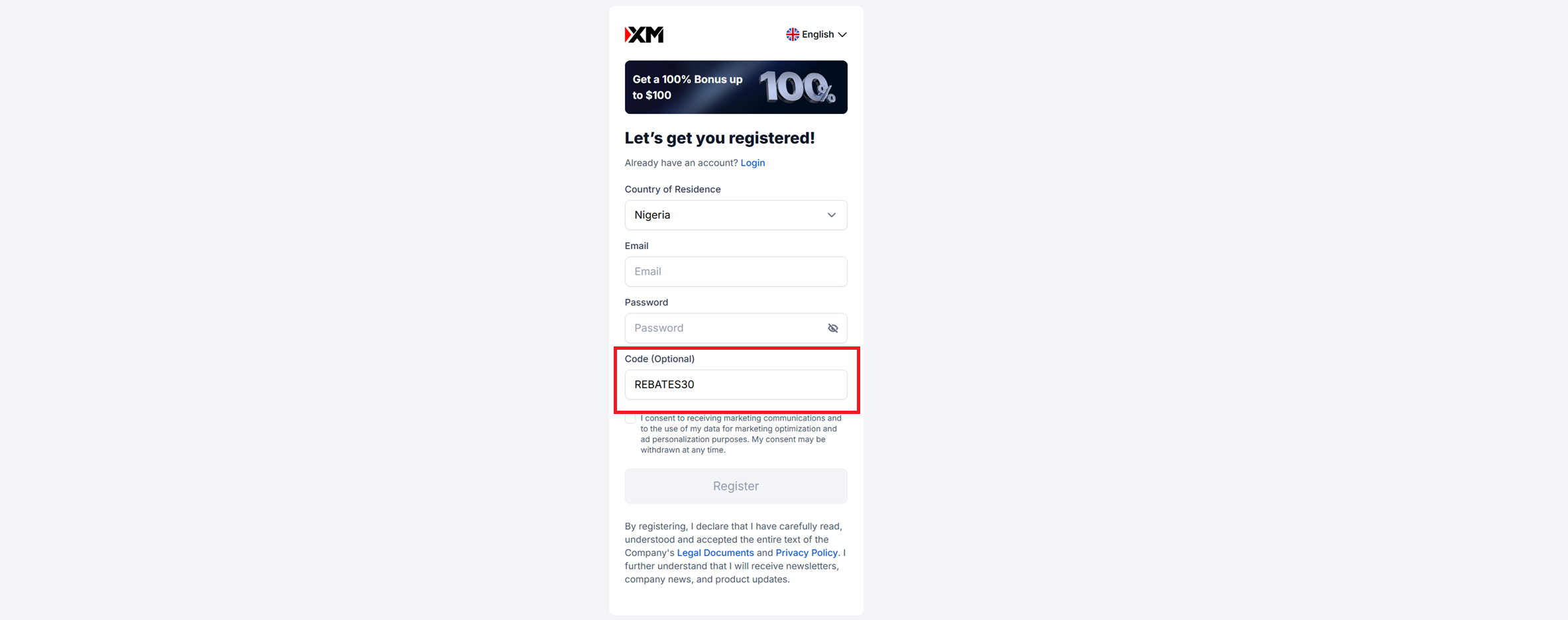 XM partner code field during registration