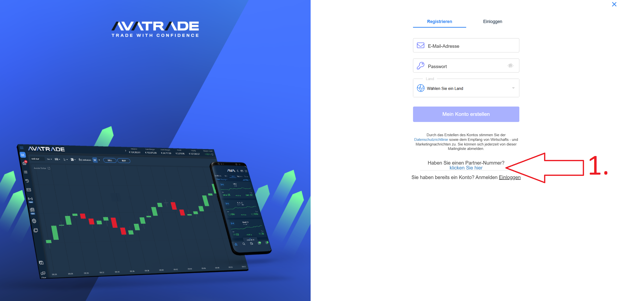 AvaTrade Partnercode-Feld während der Registrierung, Schritt 1