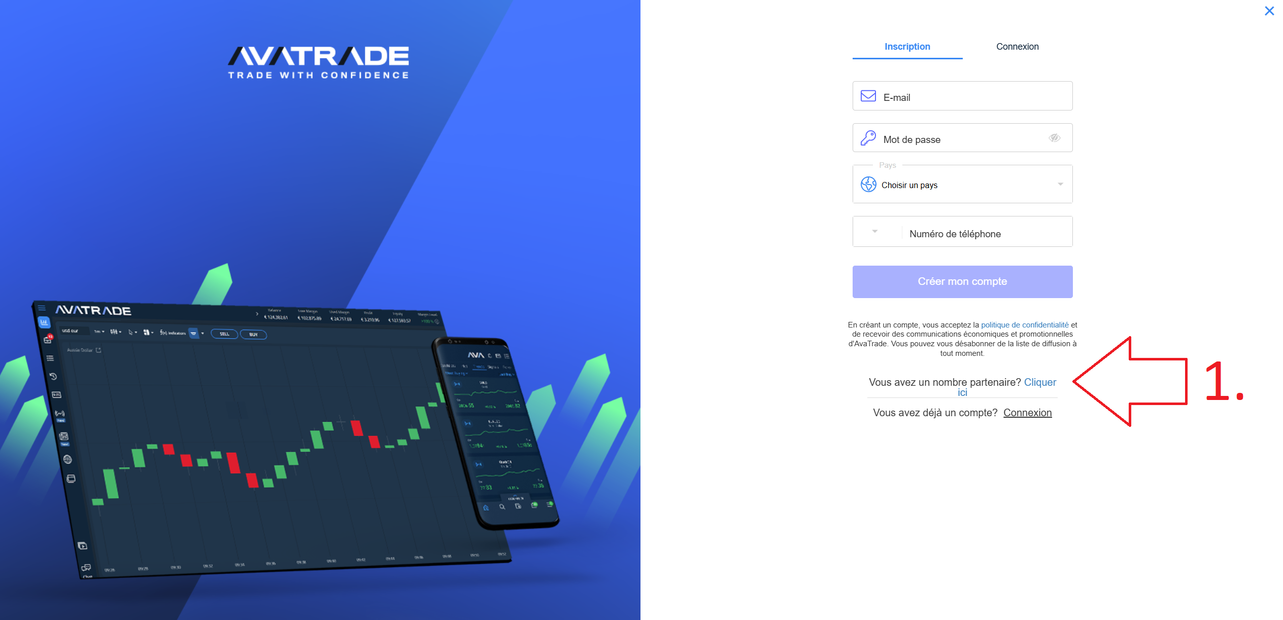 Champ du code partenaire AvaTrade pendant l'inscription, étape 1