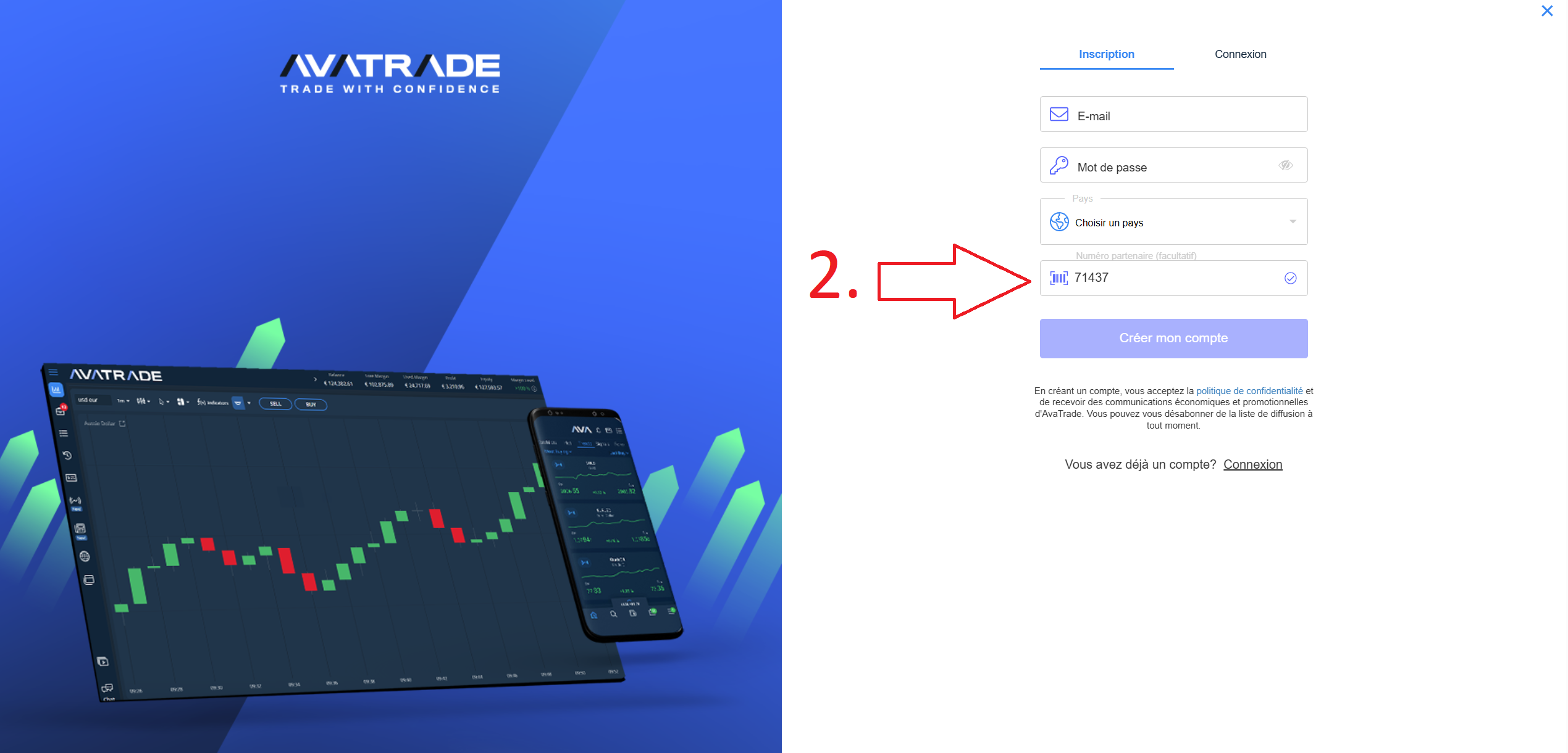 Champ du code partenaire AvaTrade pendant l'inscription, étape 2