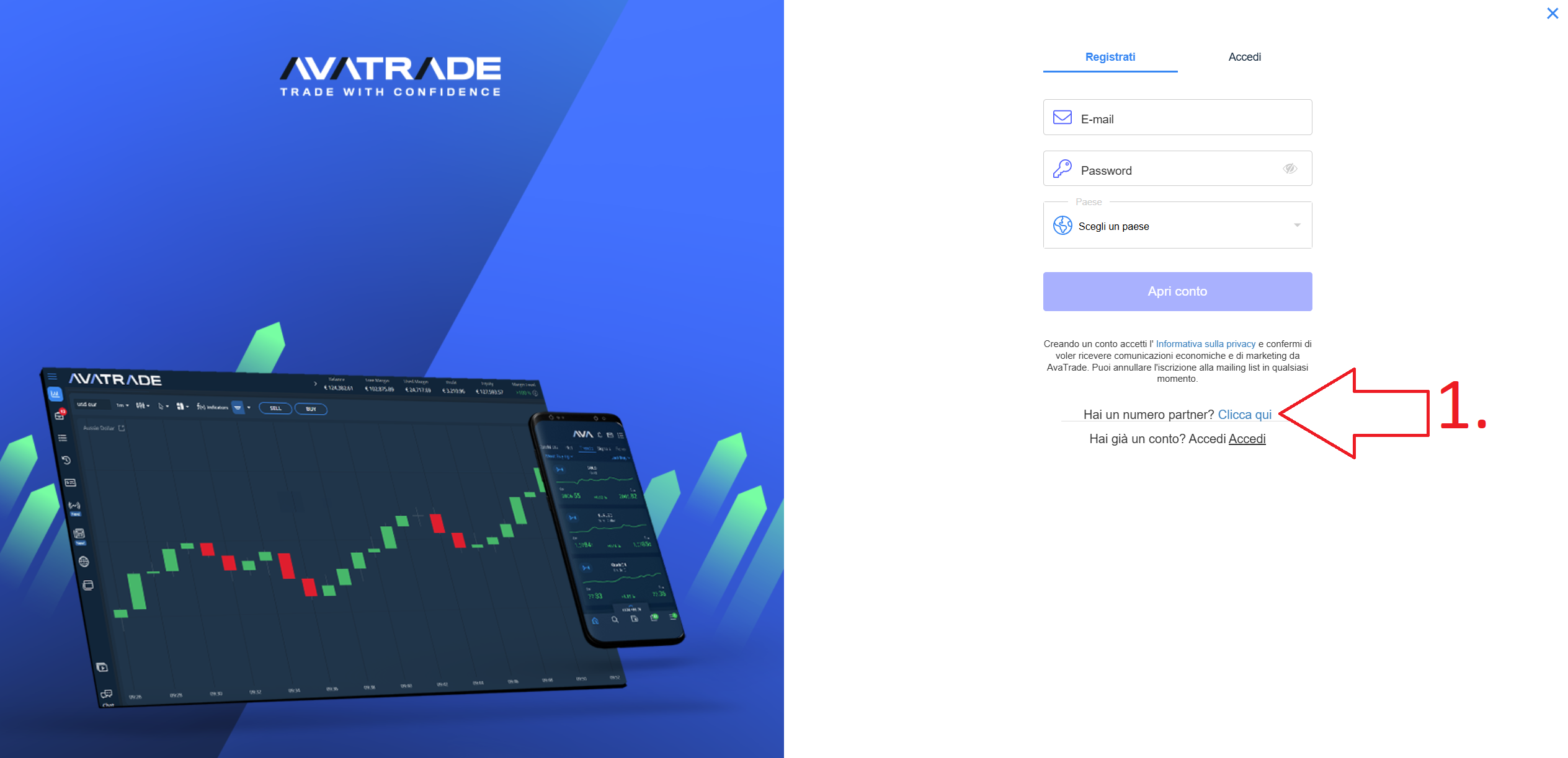 Campo del codice partner AvaTrade durante la registrazione, passo 1