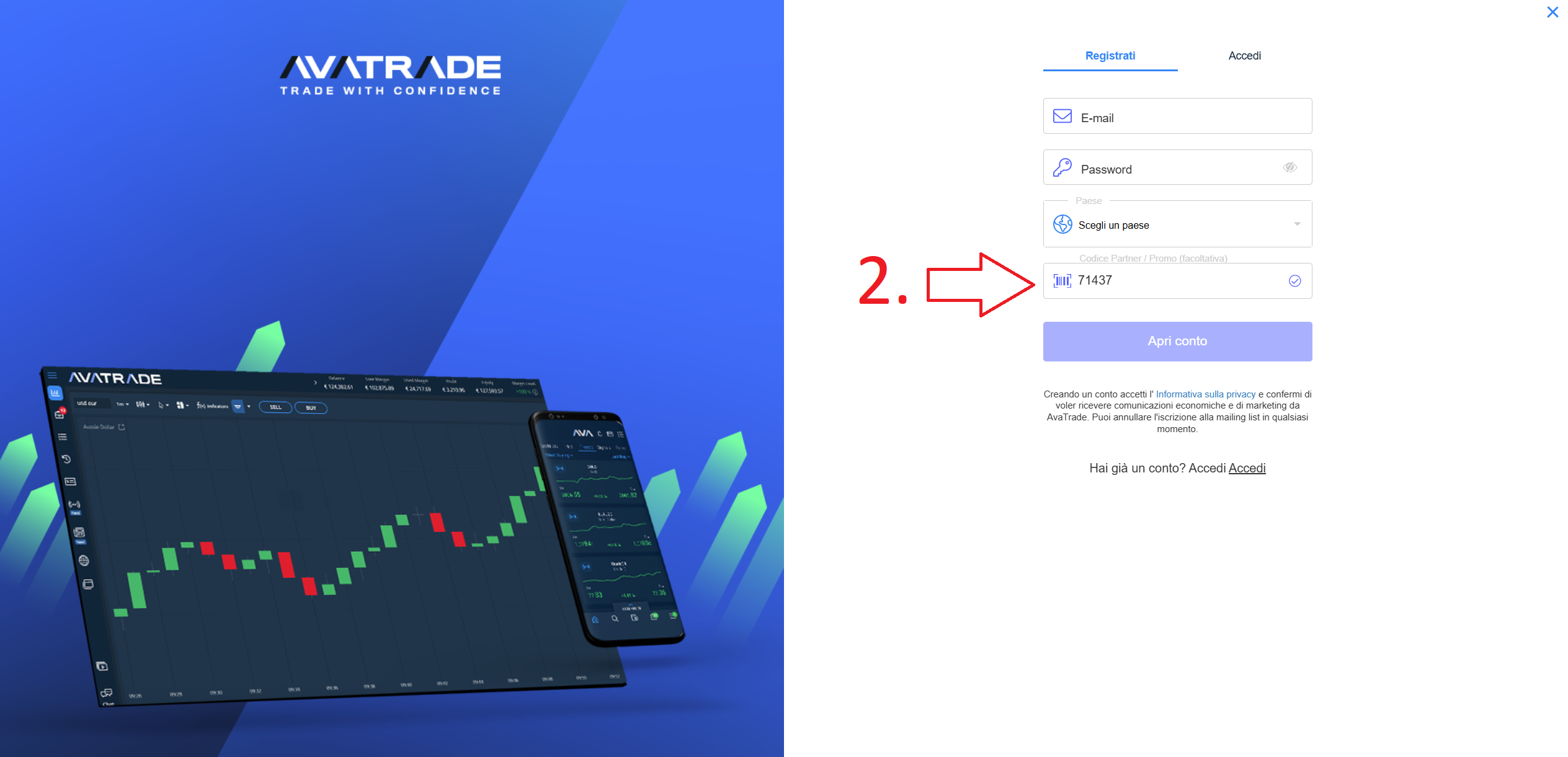 Campo del codice partner AvaTrade durante la registrazione, passo 2