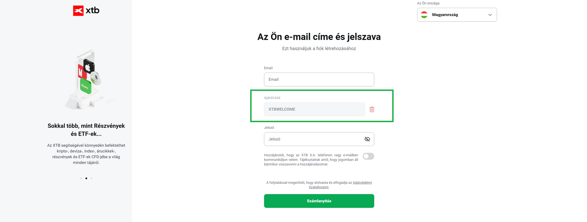 XTB ajánlókód mező a regisztrációs űrlapon az XTBWELCOME kóddal