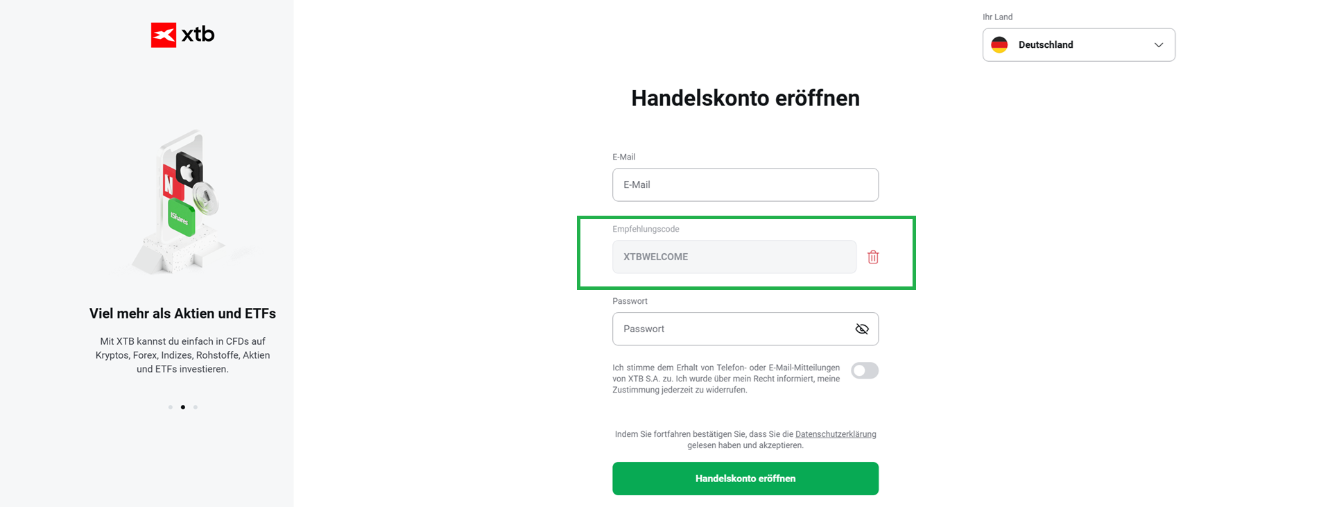 XTB Empfehlungscode Feld im Anmeldeformular mit dem Code XTBWELCOME