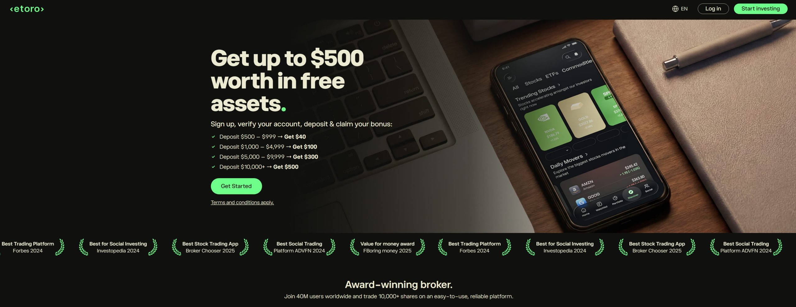 eToro welcome bonus landing page showing free stocks or crypto offer for new clients