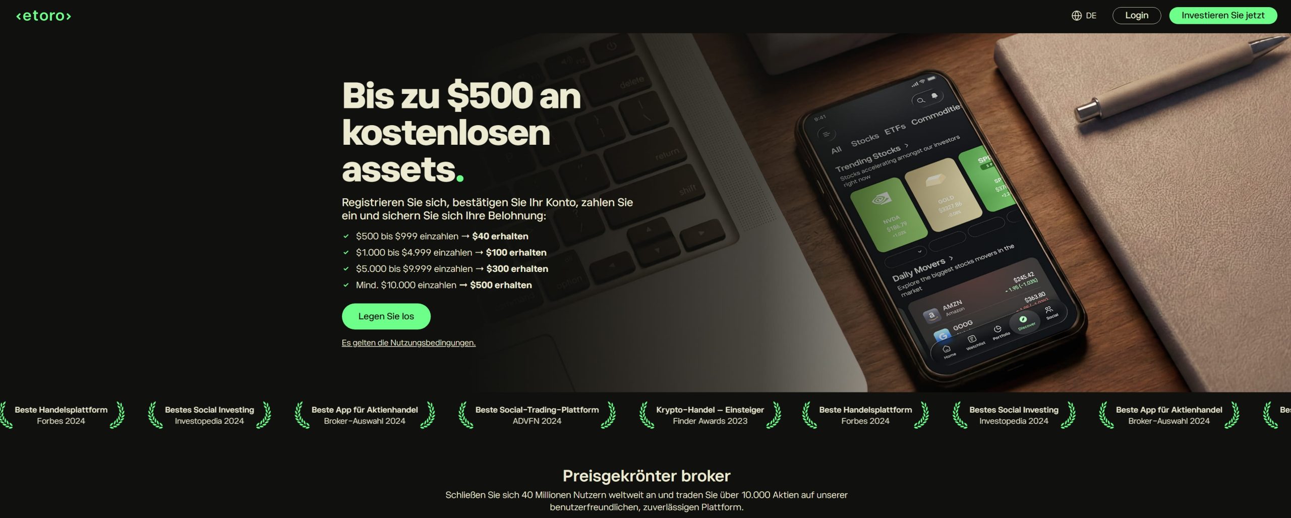 eToro-Willkommensbonus-Landingpage mit Angebot für kostenlose Aktien oder Krypto für neue Kundinnen und Kunden
