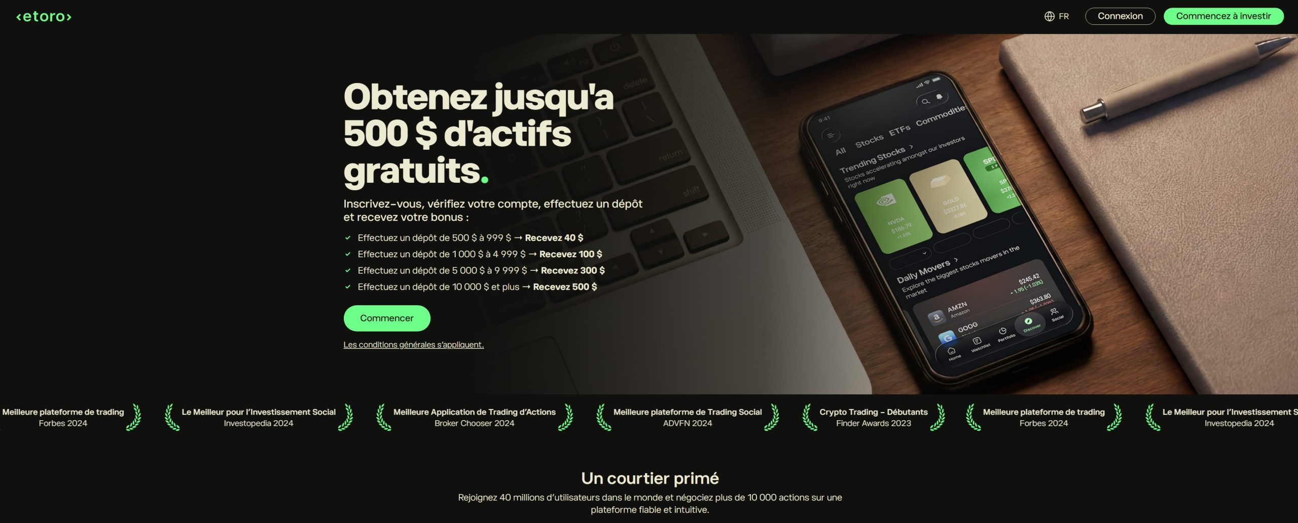 Page d’atterrissage du bonus de bienvenue eToro montrant l’offre d’actions ou de cryptos gratuites pour les nouveaux clients