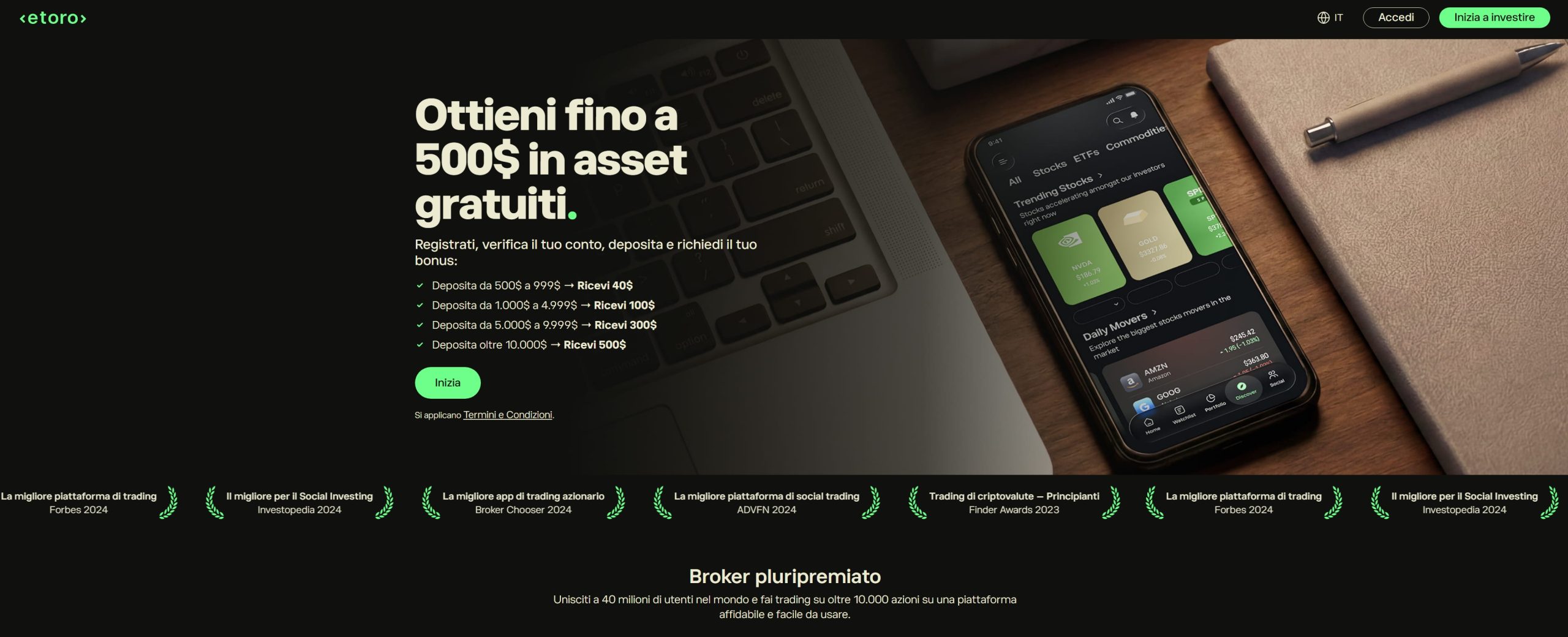 Pagina di destinazione del bonus di benvenuto eToro che mostra l'offerta di azioni o cripto gratuite per i nuovi clienti